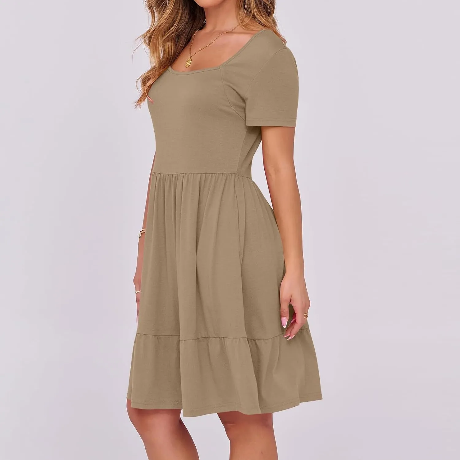 Borniu Women Summer Casual Dress Short Sleeve Crewneck Swing Mini Tshirt Dresses 2025 Vacation Beach Pleated Short Sundress