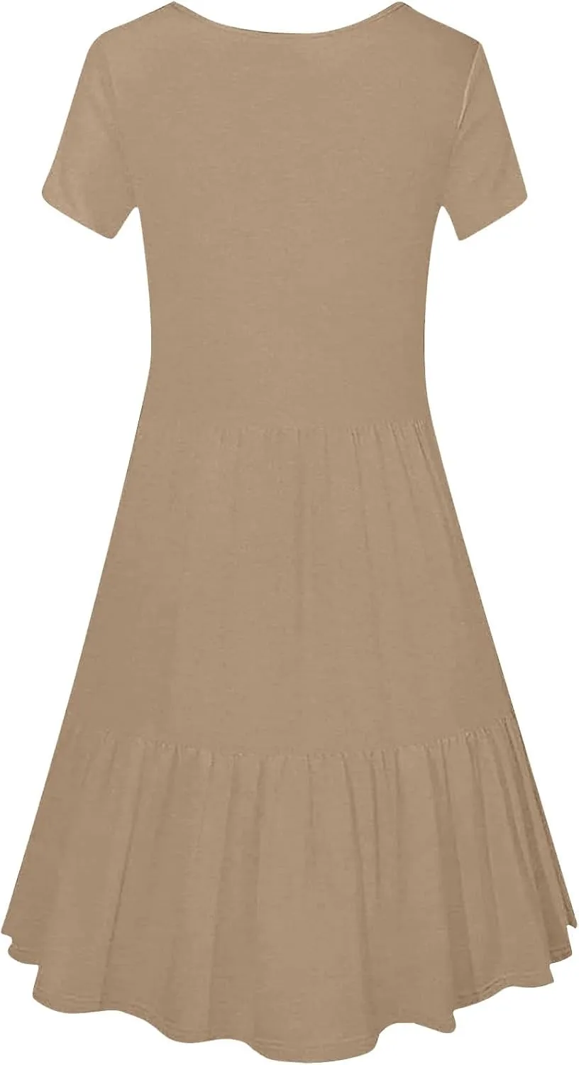 Borniu Women Summer Casual Dress Short Sleeve Crewneck Swing Mini Tshirt Dresses 2025 Vacation Beach Pleated Short Sundress