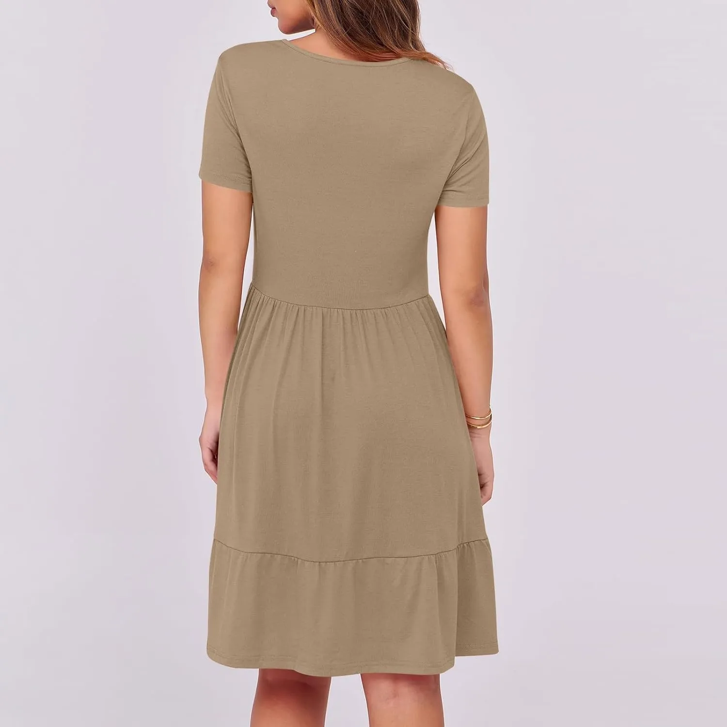 Borniu Women Summer Casual Dress Short Sleeve Crewneck Swing Mini Tshirt Dresses 2025 Vacation Beach Pleated Short Sundress