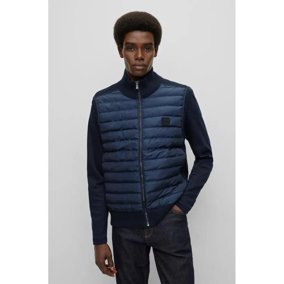 BOSS MIXED-MATERIAL PADDED JACKET WITH LOGO PATCH