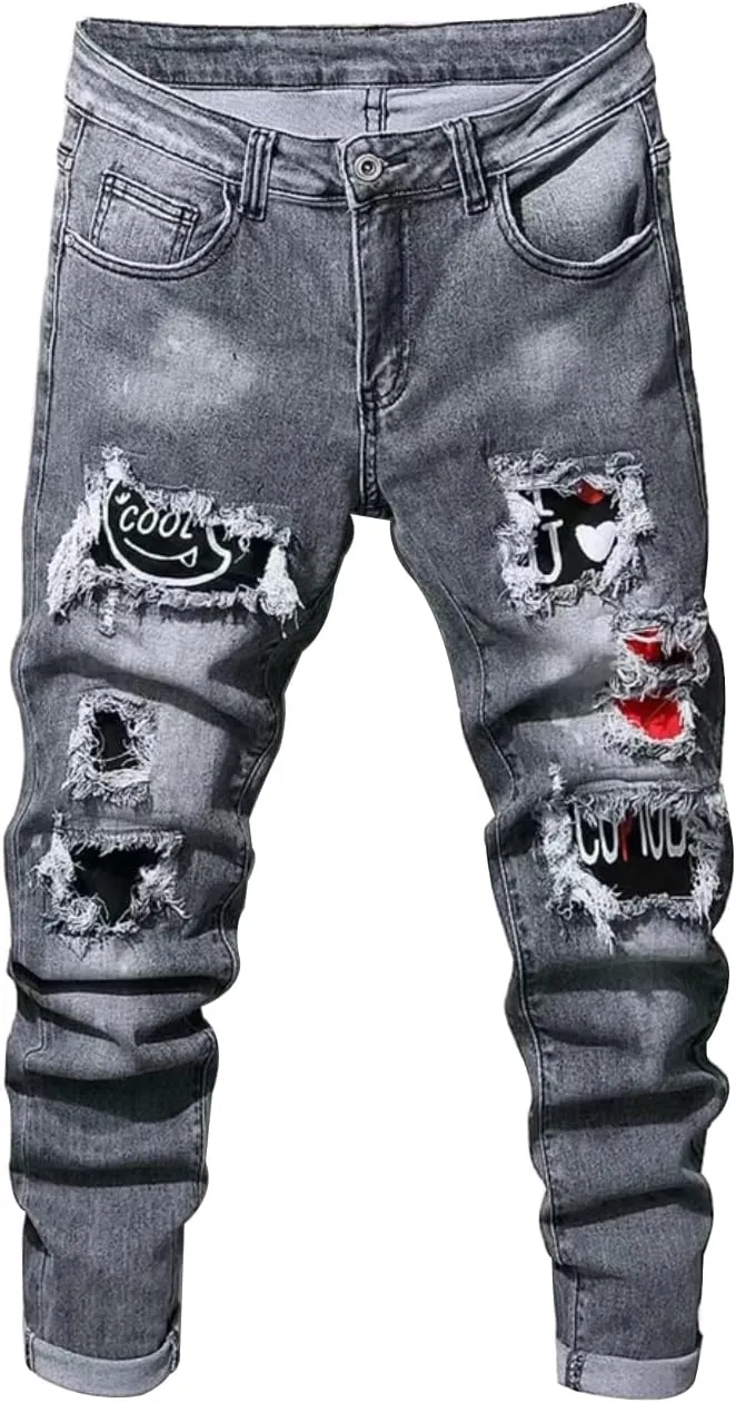 Boy's Skinny Fit Ripped Destroyed Distressed Stretch Slim Jeans Pants