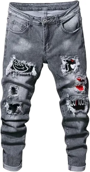 Boy's Skinny Fit Ripped Destroyed Distressed Stretch Slim Jeans Pants