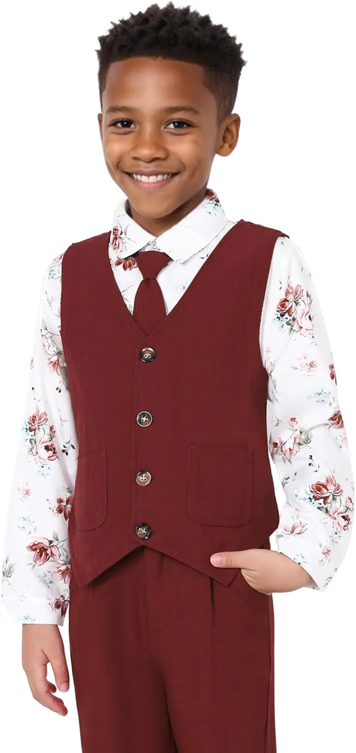 Boys Suit for Formal Occasions 4 Pieces Suit Sets Including Vest Printed Pants Dress Shirt and Tie for 6-10 Years