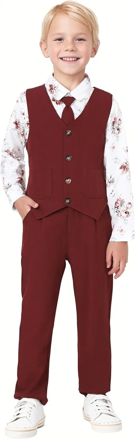Boys Suit for Formal Occasions 4 Pieces Suit Sets Including Vest Printed Pants Dress Shirt and Tie for 6-10 Years