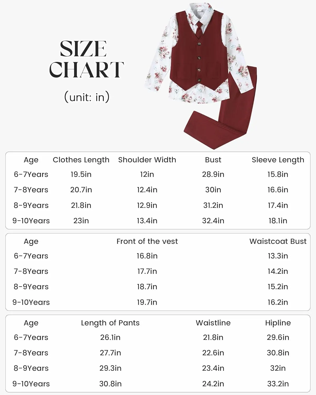 Boys Suit for Formal Occasions 4 Pieces Suit Sets Including Vest Printed Pants Dress Shirt and Tie for 6-10 Years