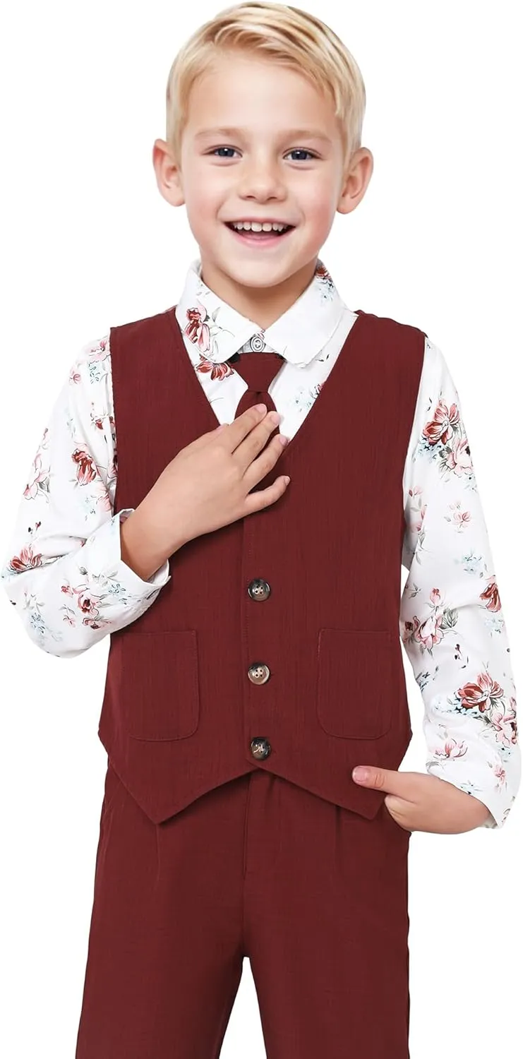 Boys Suit for Formal Occasions 4 Pieces Suit Sets Including Vest Printed Pants Dress Shirt and Tie for 6-10 Years