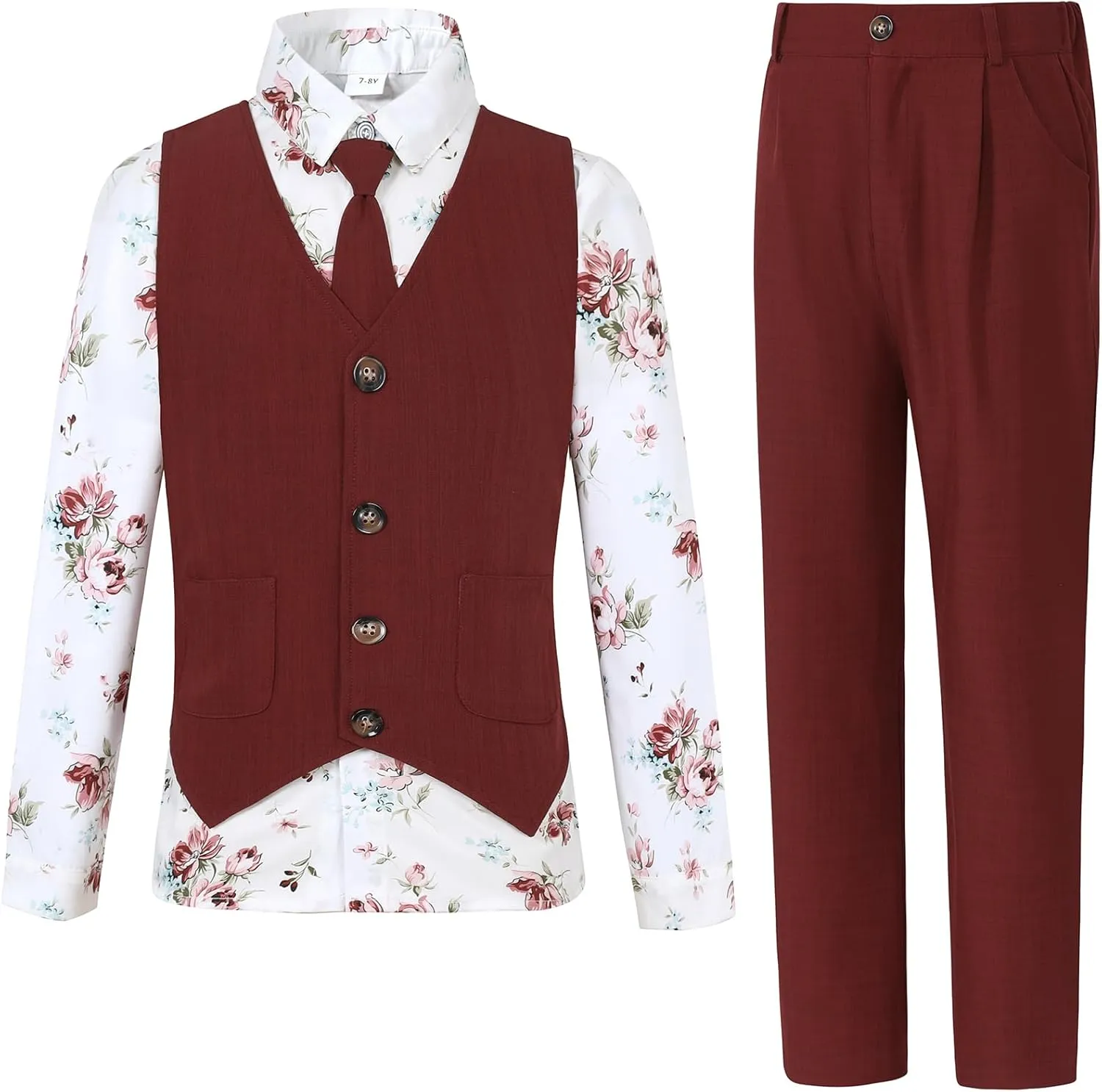 Boys Suit for Formal Occasions 4 Pieces Suit Sets Including Vest Printed Pants Dress Shirt and Tie for 6-10 Years