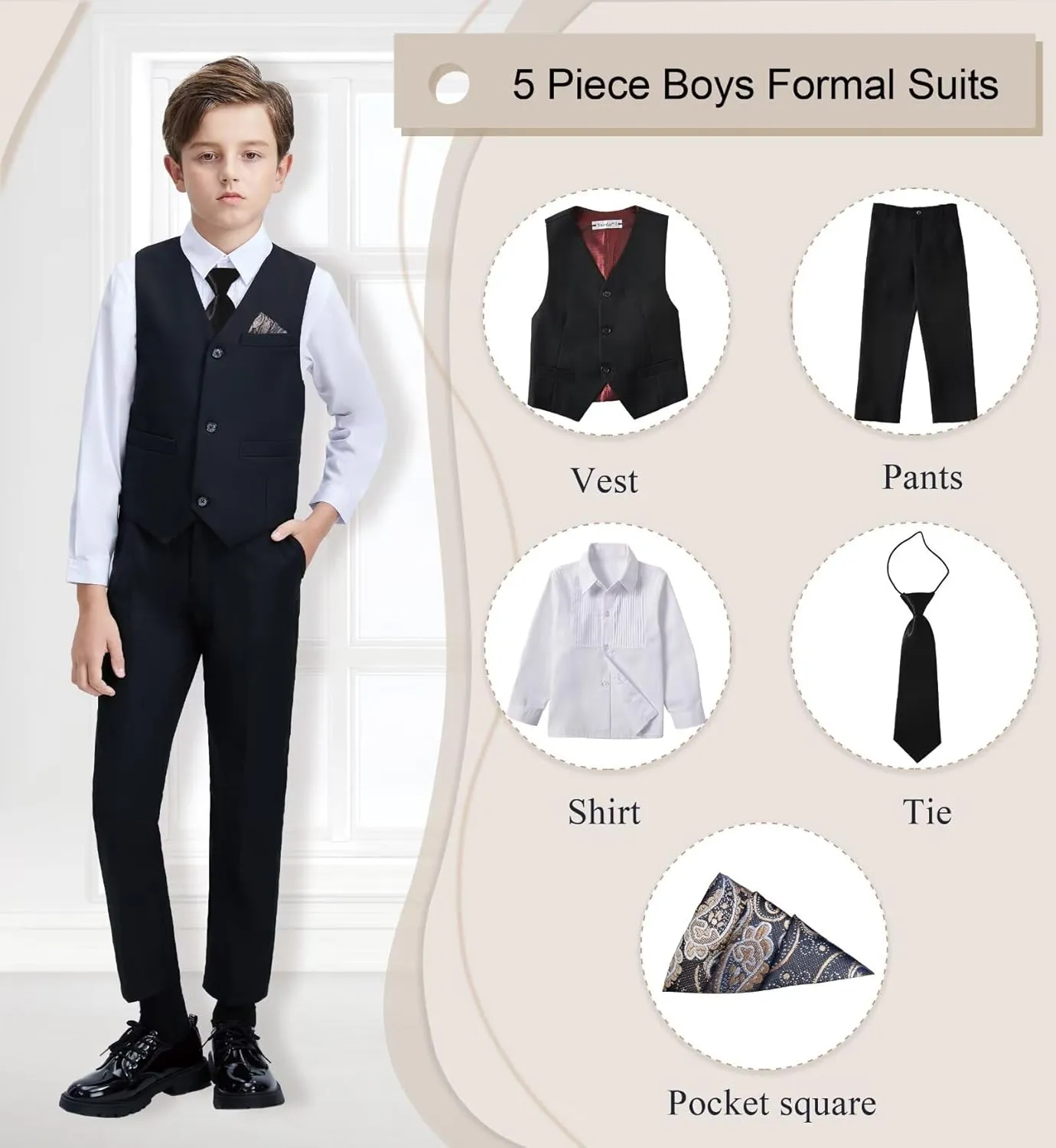 Boys Suit Formal Dress Pants Vest Suit Set for Boys Wedding Outfits with Dress Shirt Tie and Pocket Square
