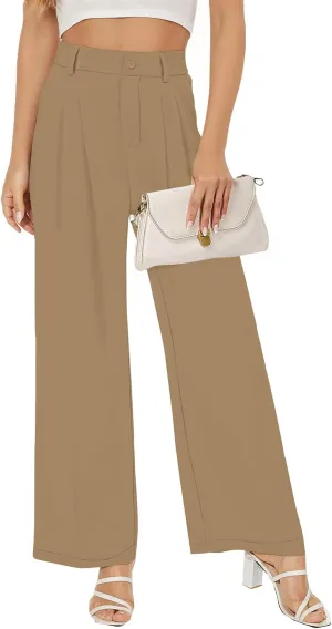 Buauty Women Straight Wide Leg Dress Pants for Women High Waist Office Business Casual Trousers Pants with Pockets 2024 Khaki, XX-Large
