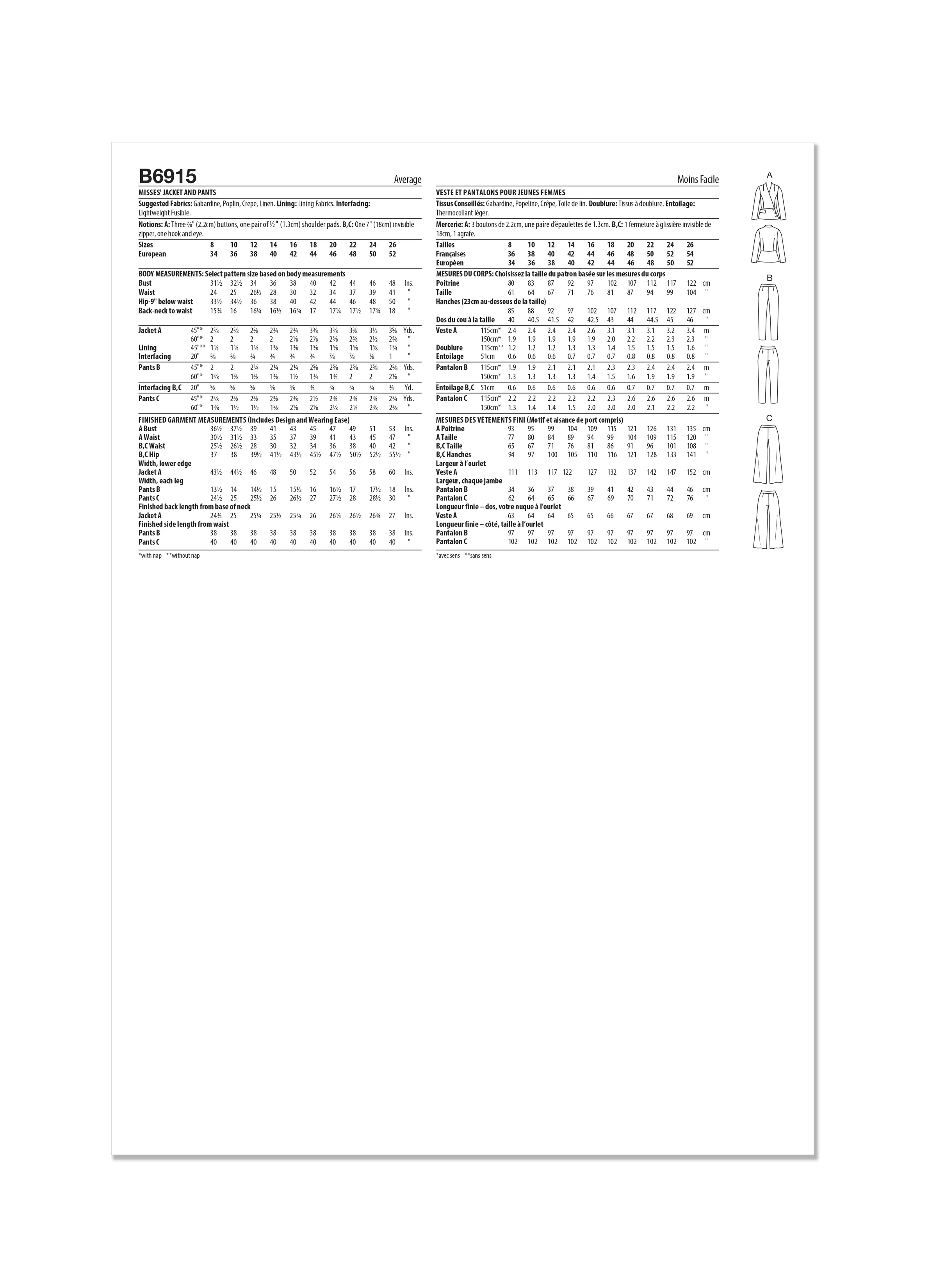 Butterick Pattern B6915 Misses' Jacket  &  Pants