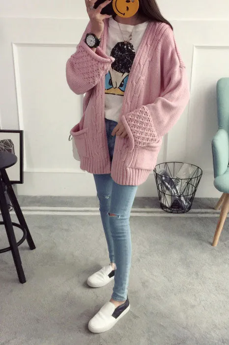Cable Open Loose Sleeves Pocket Loose Long Cardigan