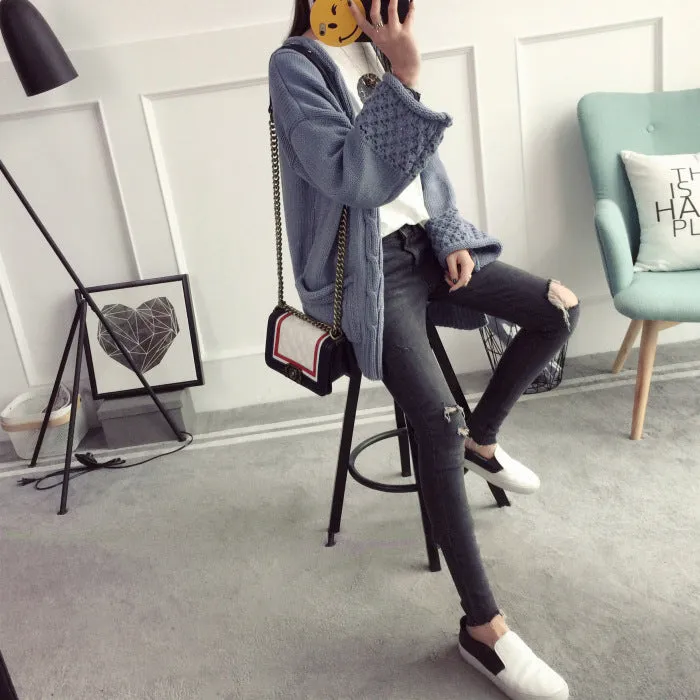Cable Open Loose Sleeves Pocket Loose Long Cardigan