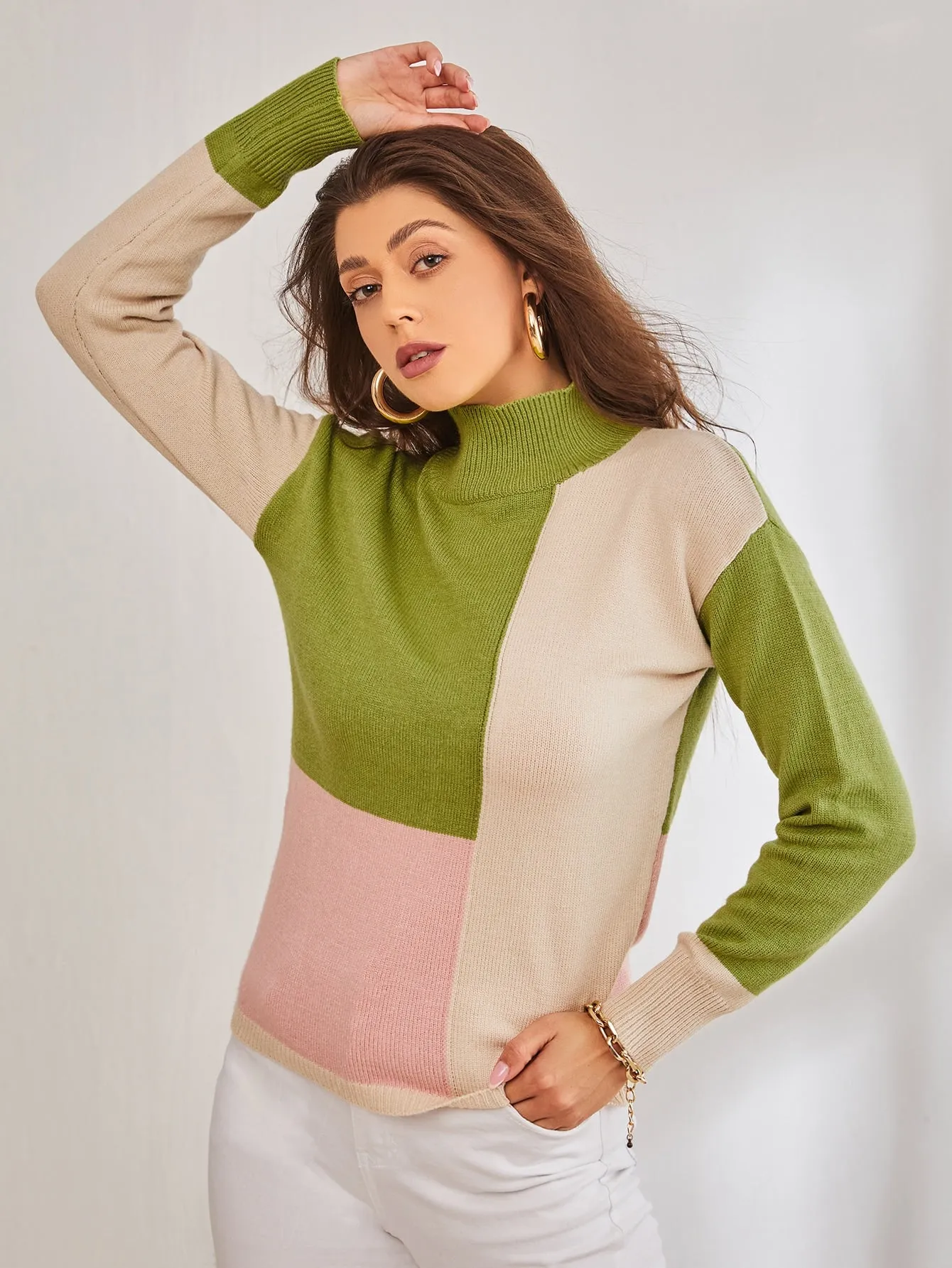 Casual Colorblock Rib-Knit Long Sleeve High Neck Regular Women Sweater