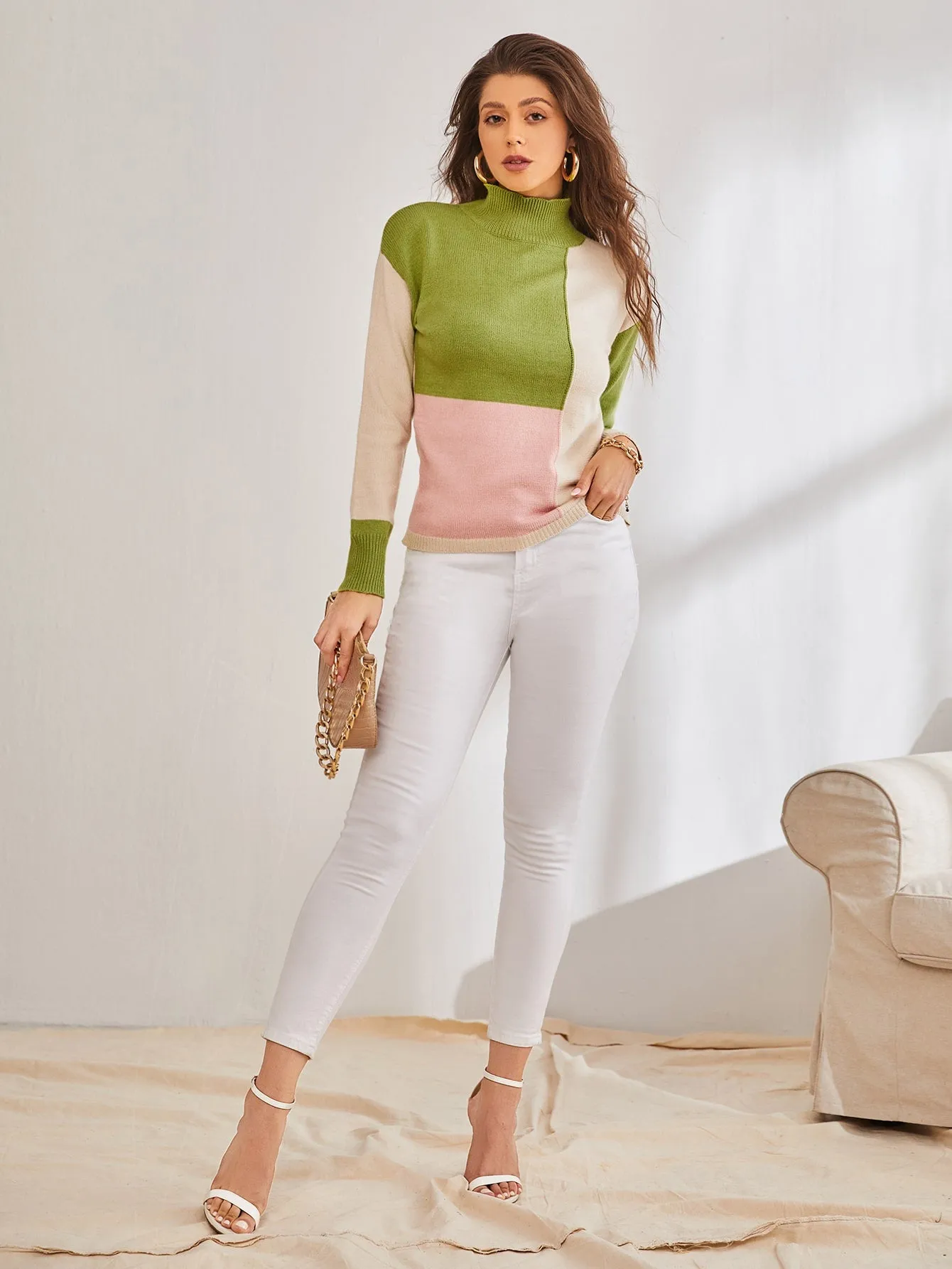 Casual Colorblock Rib-Knit Long Sleeve High Neck Regular Women Sweater