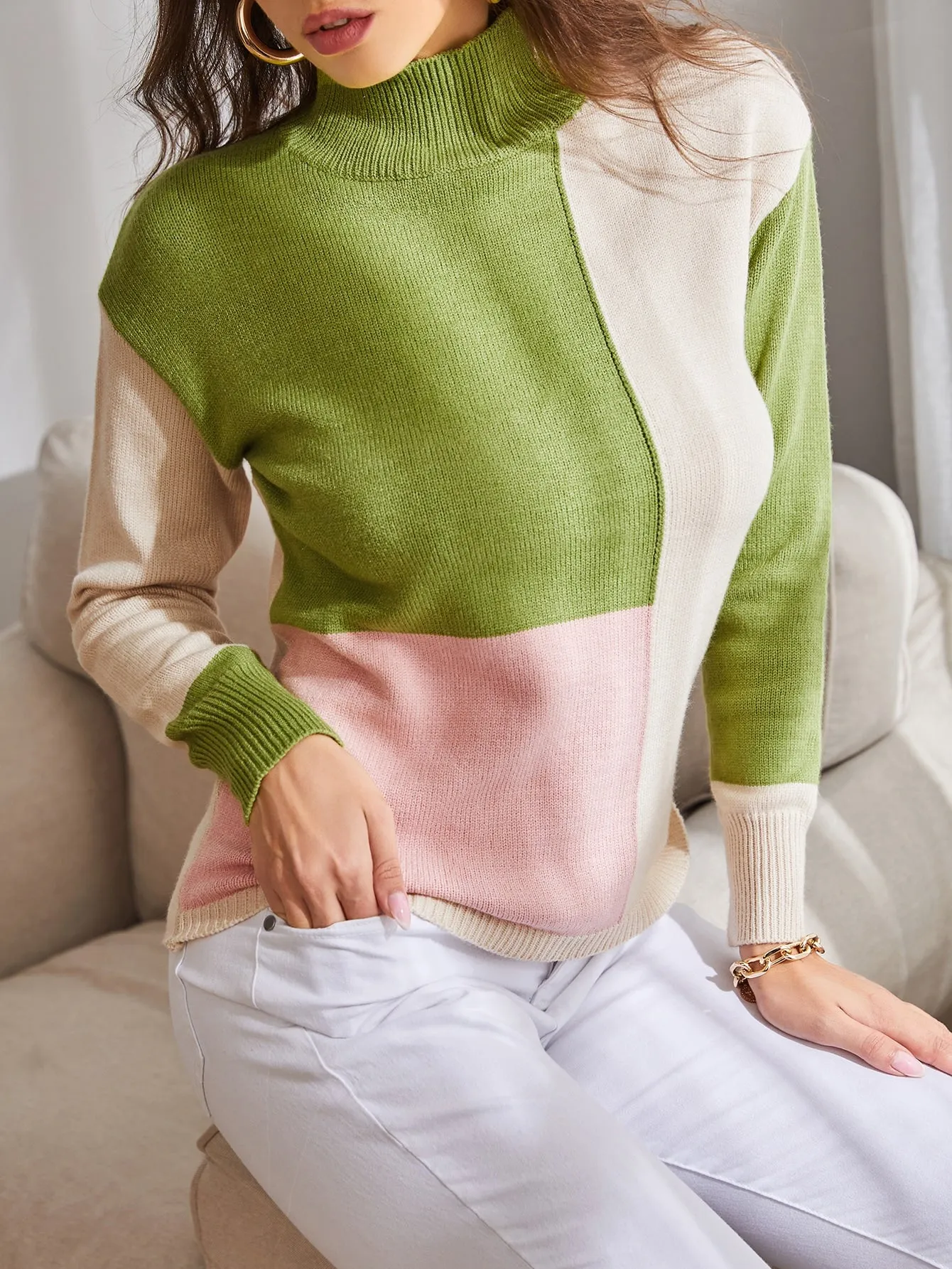 Casual Colorblock Rib-Knit Long Sleeve High Neck Regular Women Sweater