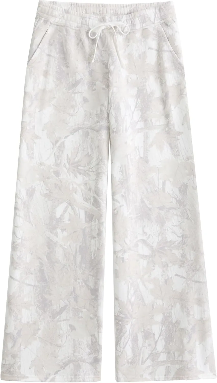 Casual Wide Leg Camo Pants for Women Baggy Elastic High Waist Fleece Sweatpants Maple Leaf Drawstring Lounge Pants