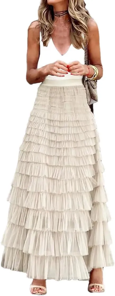 Casual Womens Solid Long Skirt Tulle High Waist Pleated Skirt Ladies Wild Mesh Maxi Skirts