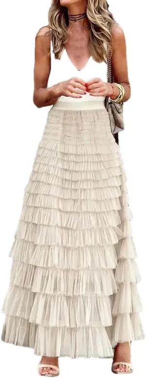 Casual Womens Solid Long Skirt Tulle High Waist Pleated Skirt Ladies Wild Mesh Maxi Skirts