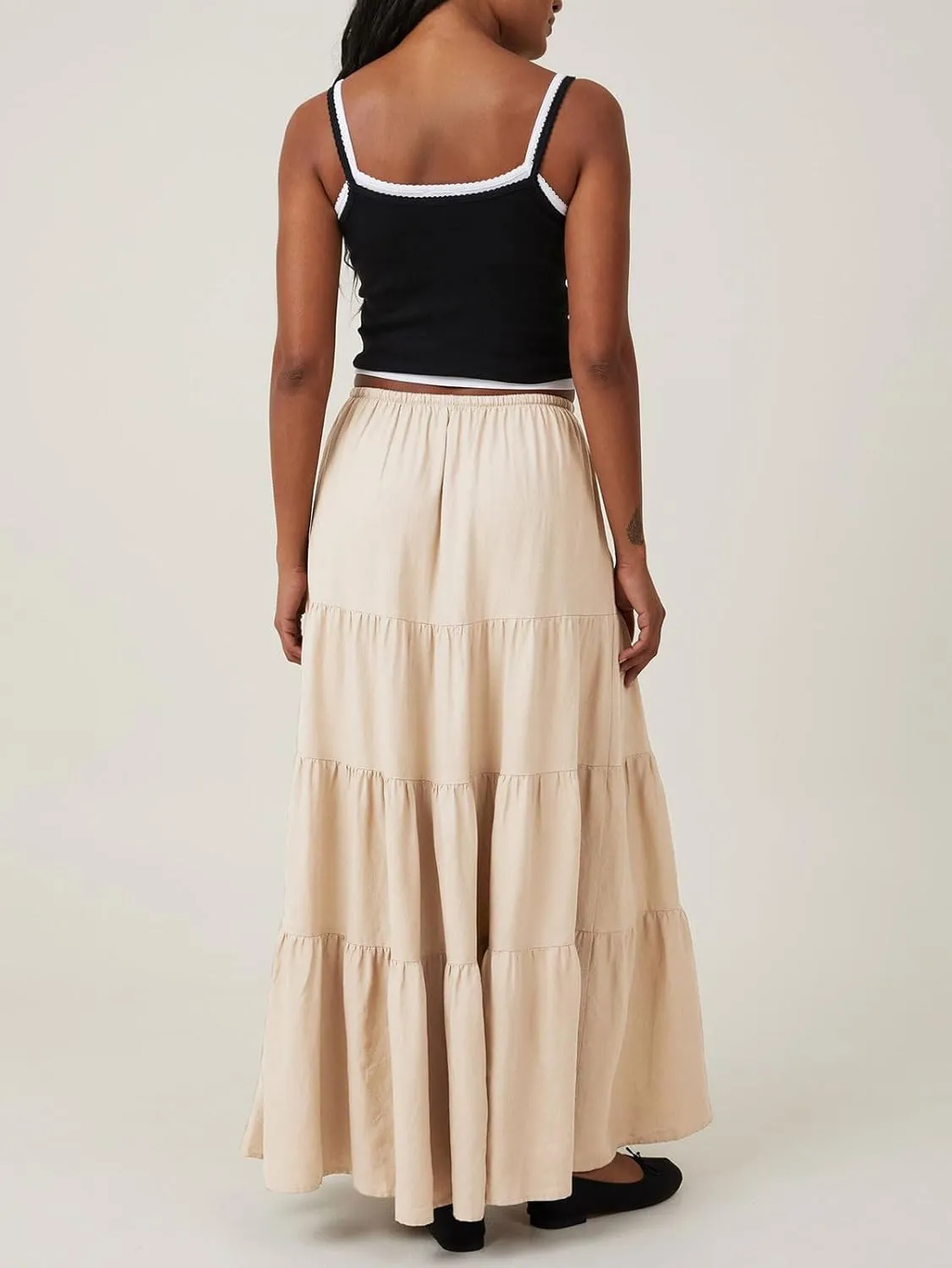 CHARTOU Women's Boho Cotton Tiered Maxi Skirt Elastic Waist Drawstring A Line Long Skirts Summer Beach Skirt