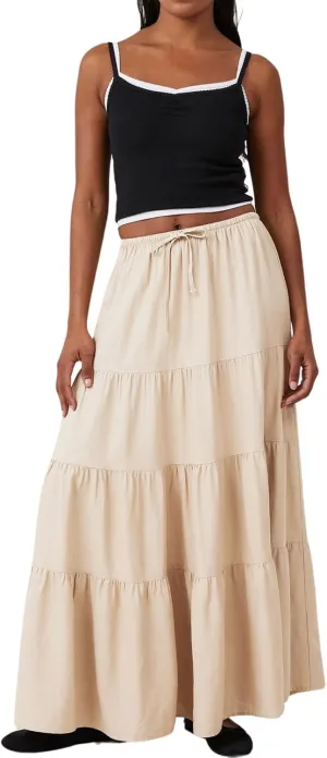 CHARTOU Women's Boho Cotton Tiered Maxi Skirt Elastic Waist Drawstring A Line Long Skirts Summer Beach Skirt