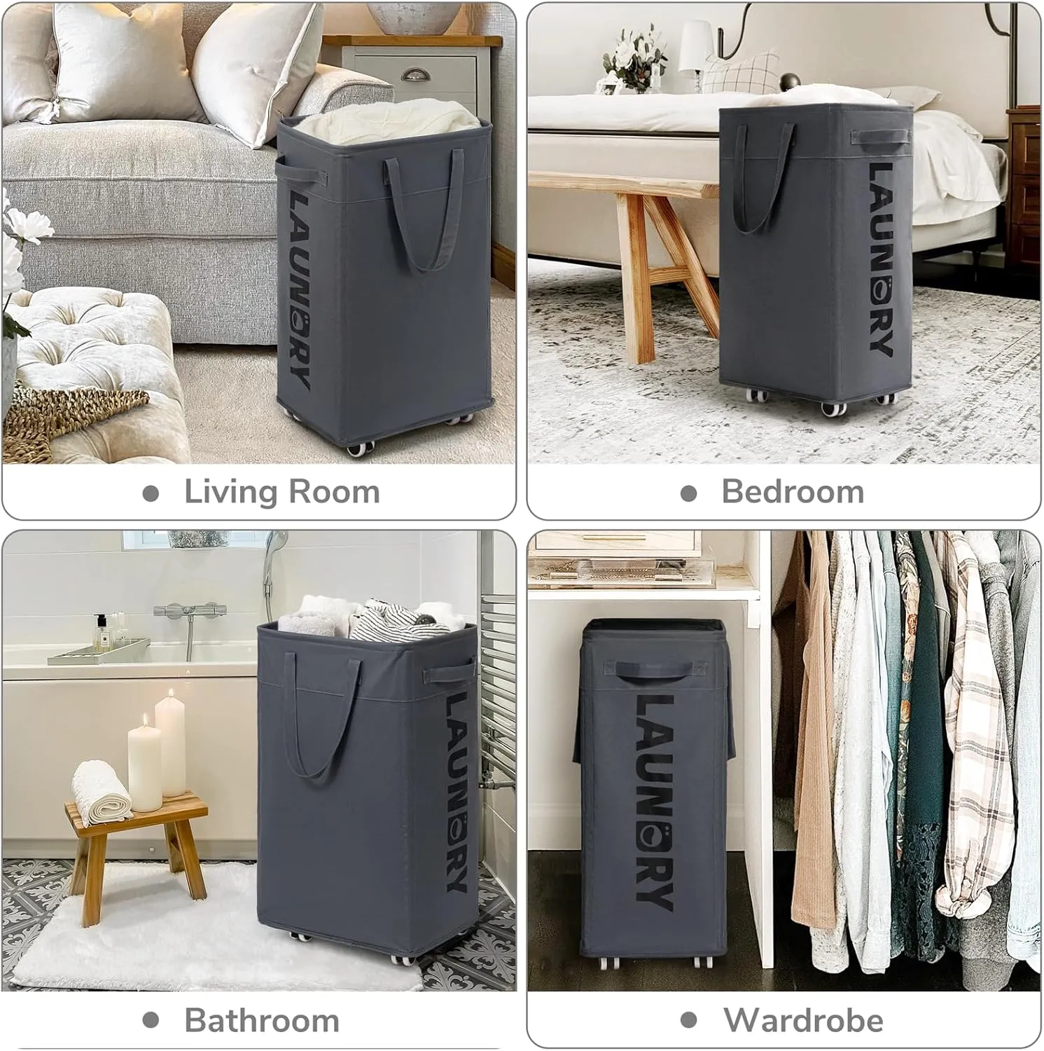CHICVITA Rolling Laundry Basket with Wheels,75L Large Collapsible Laundry Hamper with Removable Wash Bag Space for Corner Dorms, Grey