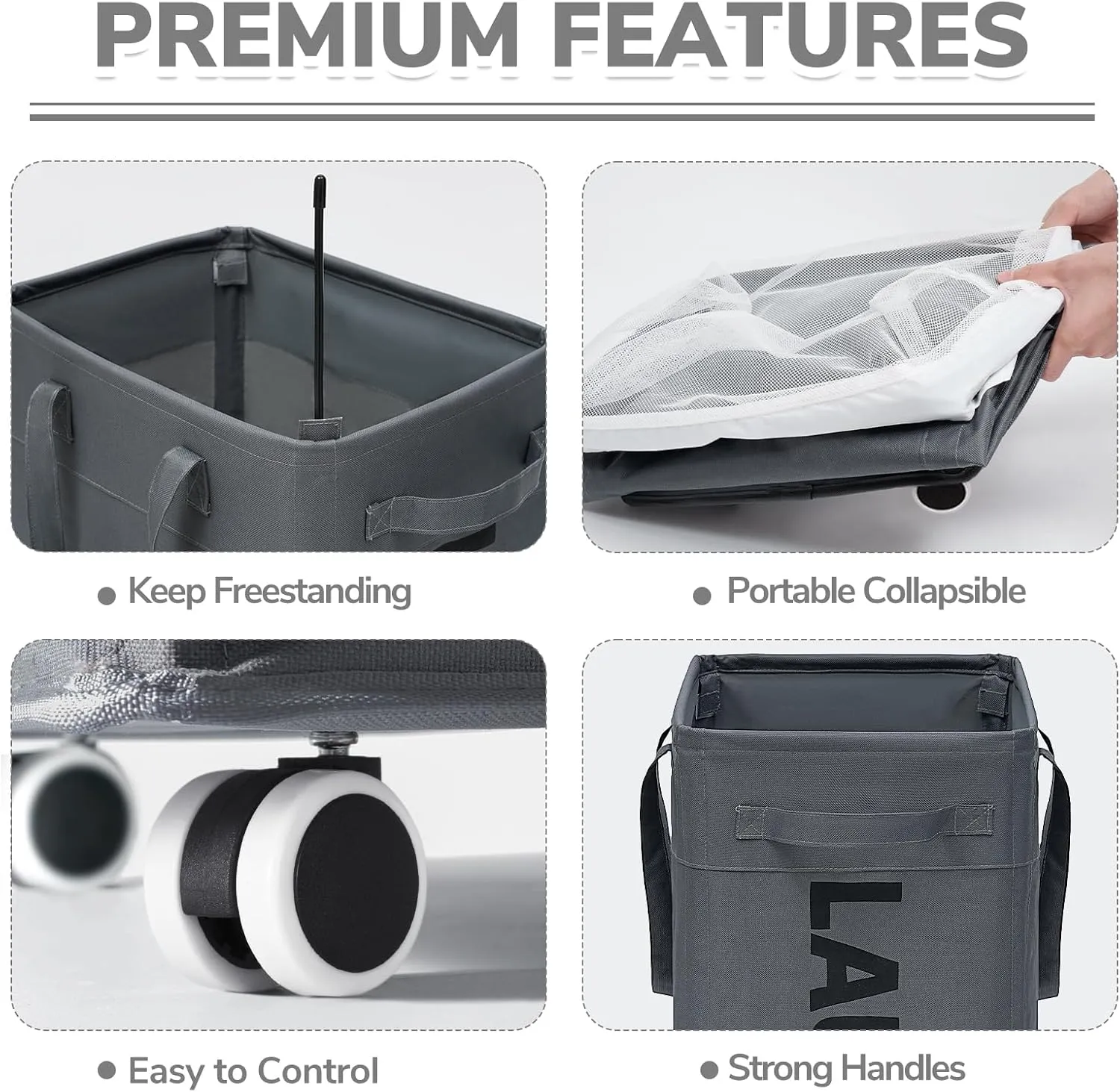 CHICVITA Rolling Laundry Basket with Wheels,75L Large Collapsible Laundry Hamper with Removable Wash Bag Space for Corner Dorms, Grey