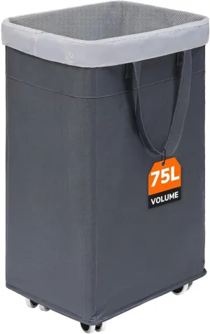 CHICVITA Rolling Laundry Basket with Wheels,75L Large Collapsible Laundry Hamper with Removable Wash Bag Space for Corner Dorms, Grey