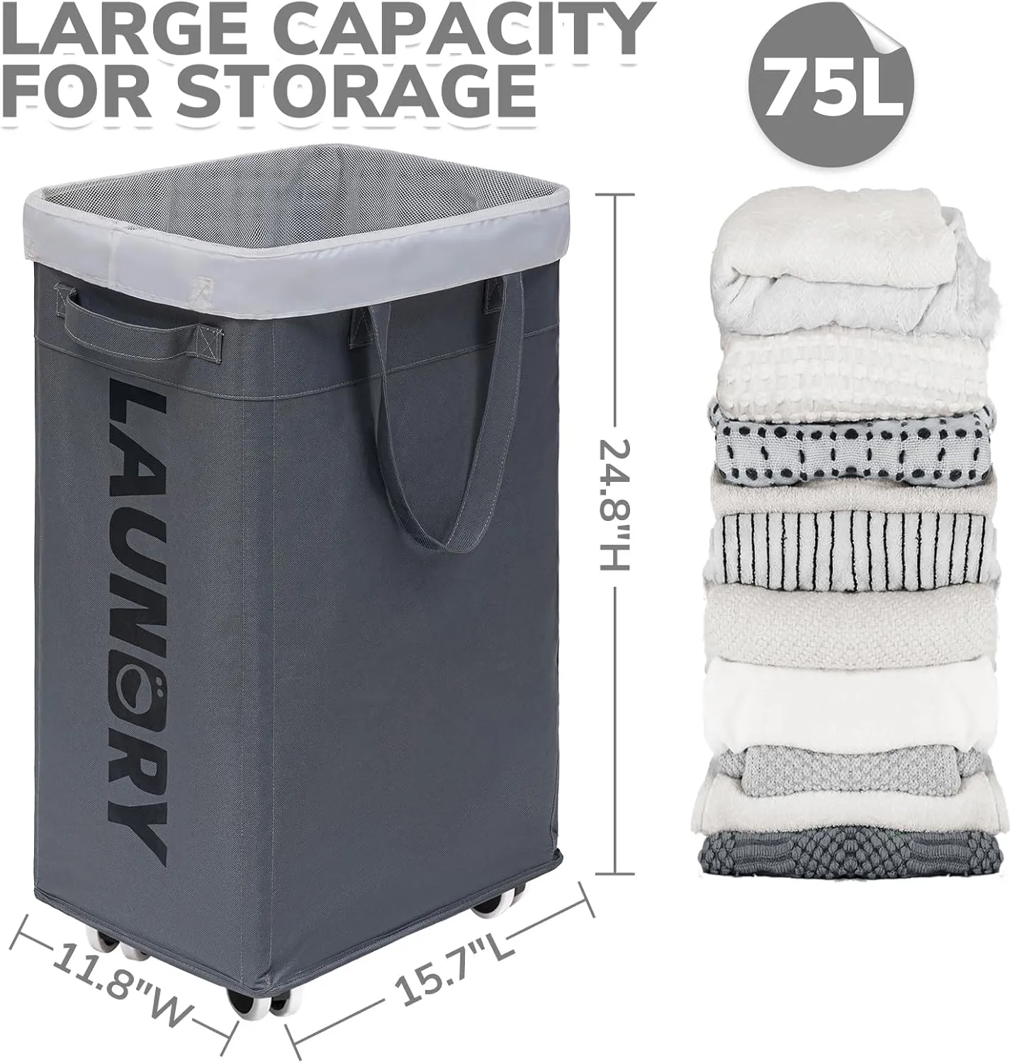 CHICVITA Rolling Laundry Basket with Wheels,75L Large Collapsible Laundry Hamper with Removable Wash Bag Space for Corner Dorms, Grey