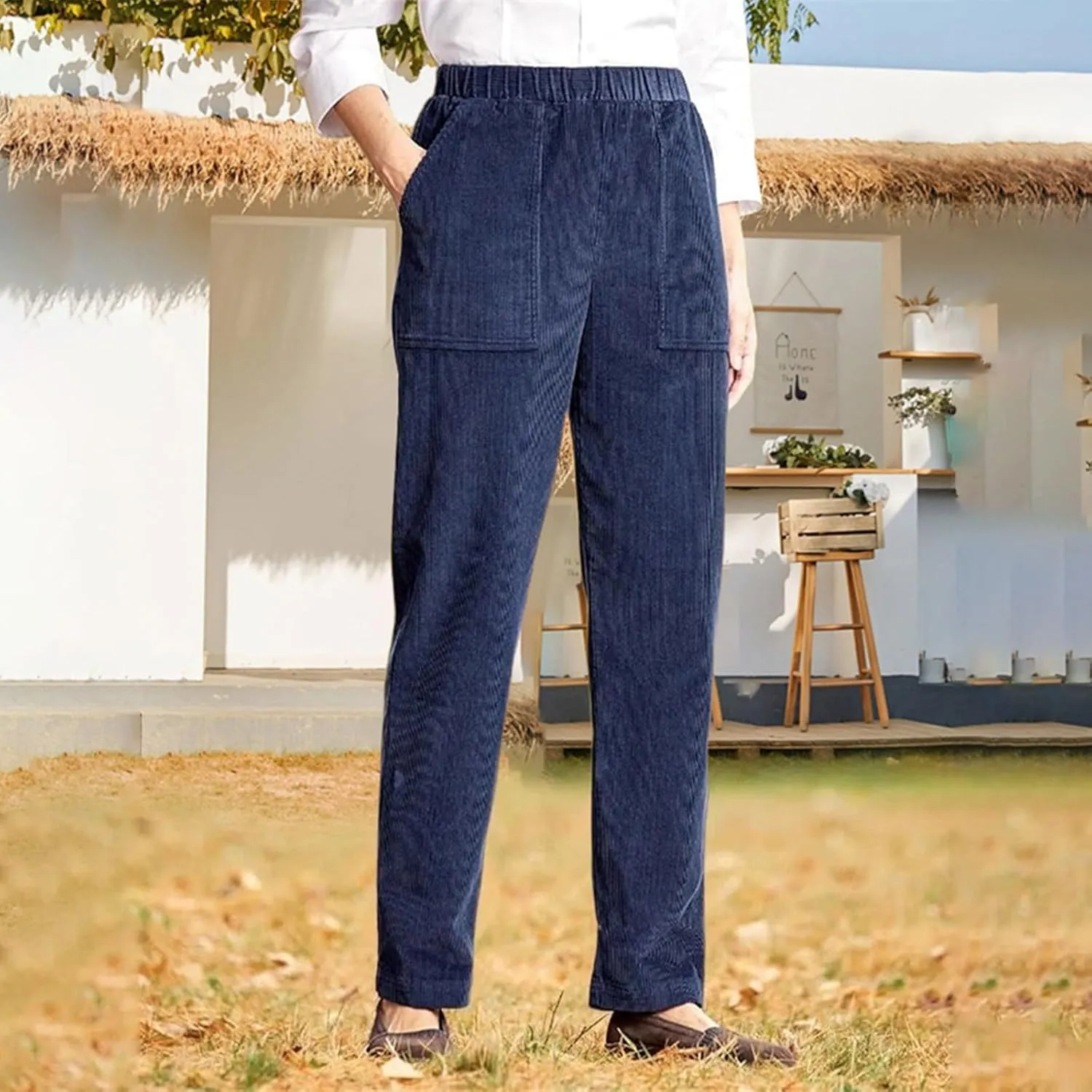 Corduroy Pants Women High Waisted Straight Leg Athletic Works Pants Casual Elastic Ladies Fall Trousers with Pockets