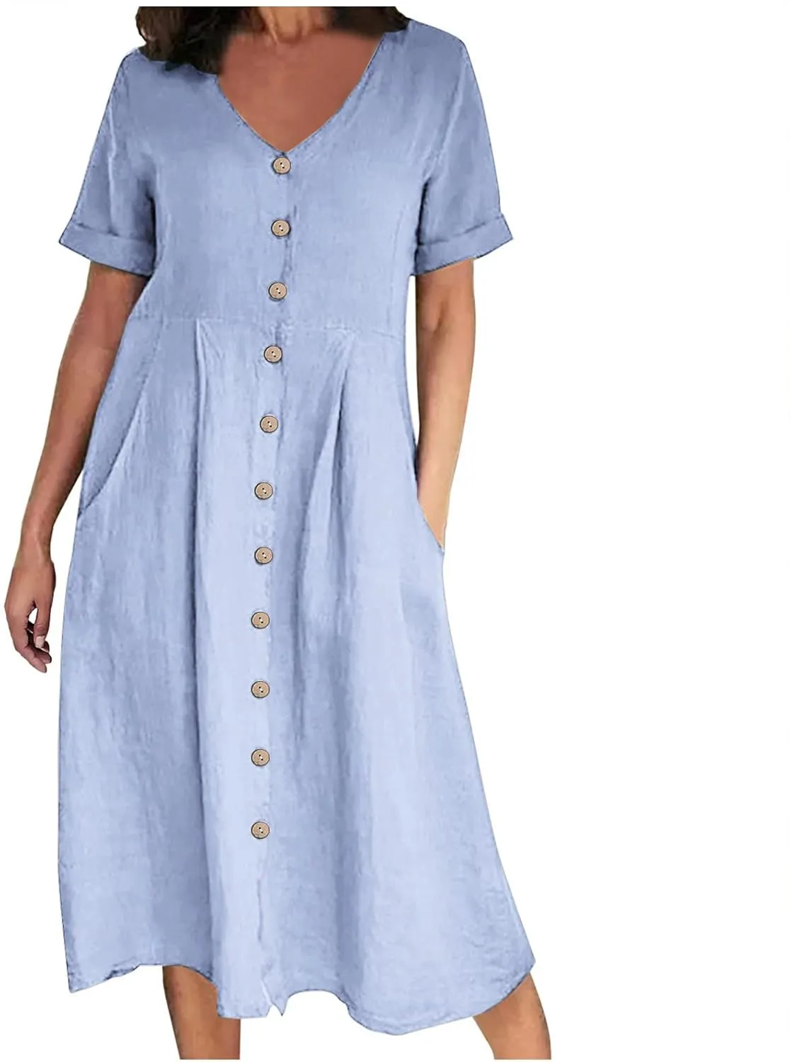 Cotton Linen Maxi Dress Fashion Button Down Beach Dresses Summer Short Sleeve Loose Boho Sundress Vacation Outfits