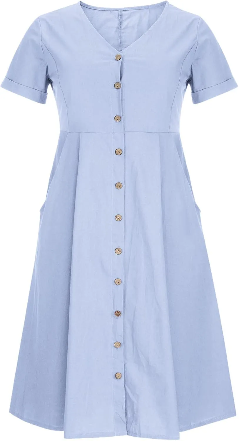 Cotton Linen Maxi Dress Fashion Button Down Beach Dresses Summer Short Sleeve Loose Boho Sundress Vacation Outfits