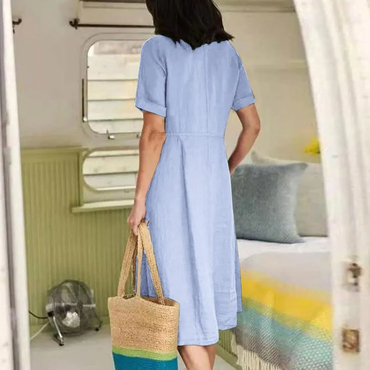 Cotton Linen Maxi Dress Fashion Button Down Beach Dresses Summer Short Sleeve Loose Boho Sundress Vacation Outfits