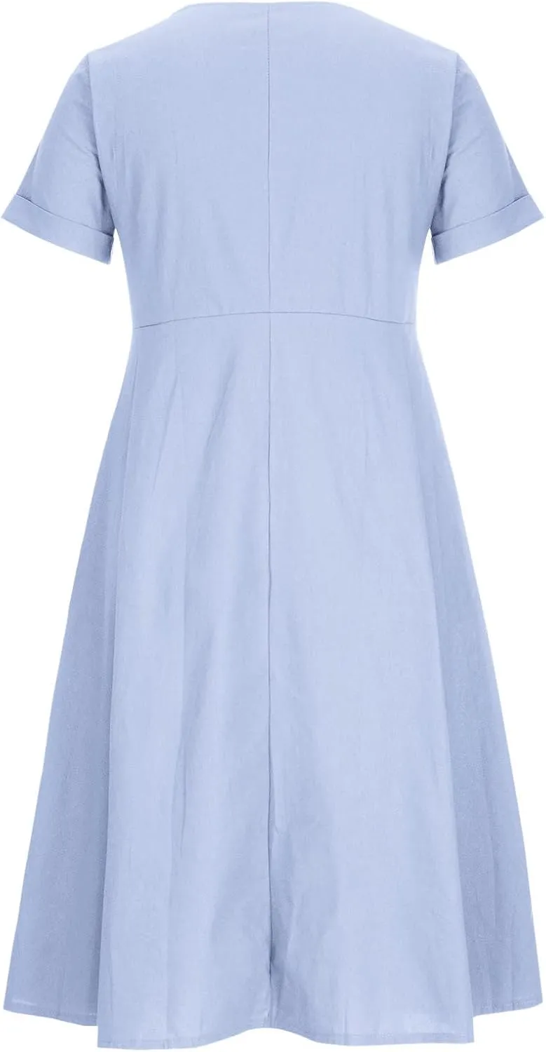 Cotton Linen Maxi Dress Fashion Button Down Beach Dresses Summer Short Sleeve Loose Boho Sundress Vacation Outfits