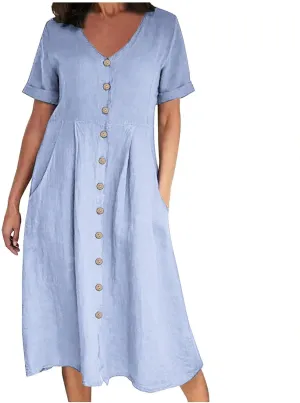 Cotton Linen Maxi Dress Fashion Button Down Beach Dresses Summer Short Sleeve Loose Boho Sundress Vacation Outfits