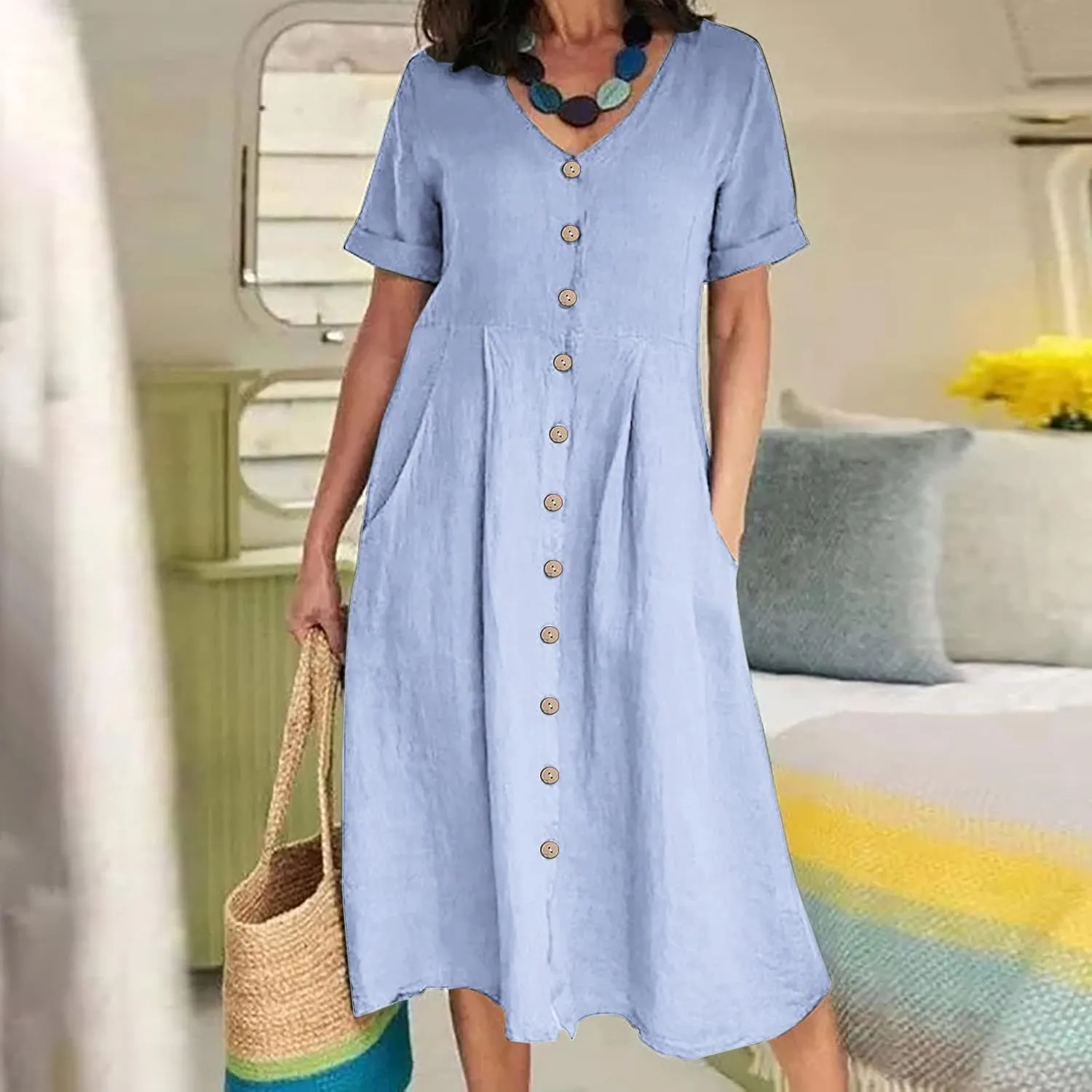 Cotton Linen Maxi Dress Fashion Button Down Beach Dresses Summer Short Sleeve Loose Boho Sundress Vacation Outfits