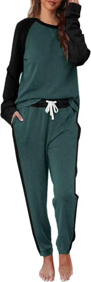 Cysincos Womens Sweatsuits 2 Piece Outfit Sweatpants Loungewear Jogger Pajama Set Long Sleeve Pullover Drawstring Pants Black/Black Olive M