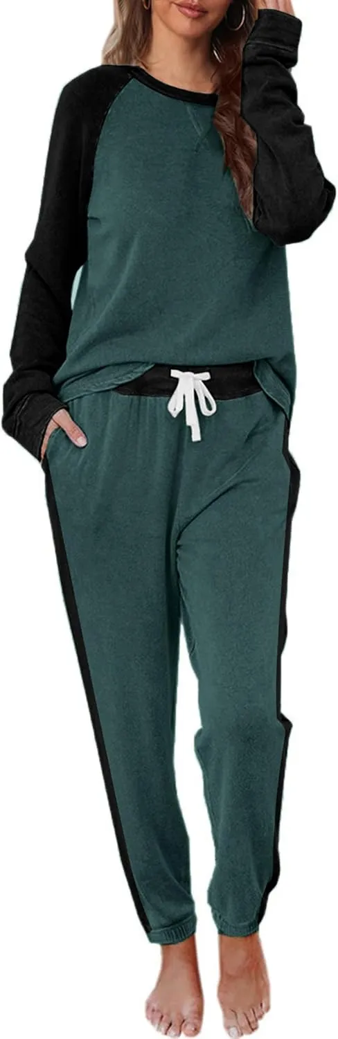 Cysincos Womens Sweatsuits 2 Piece Outfit Sweatpants Loungewear Jogger Pajama Set Long Sleeve Pullover Drawstring Pants Black/Black Olive M