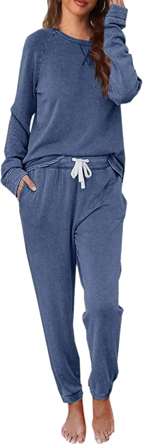 Cysincos Womens Sweatsuits 2 Piece Outfit Sweatpants Loungewear Jogger Pajama Set Long Sleeve Pullover Drawstring Pants