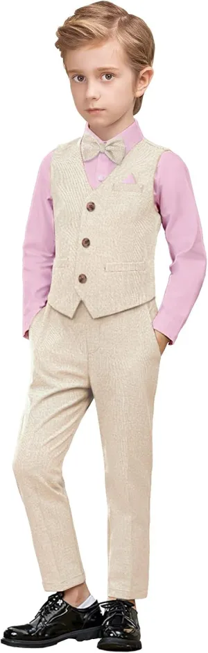 Dinysuos Boys Suit Formal Dress Kids Tuxedo Outfit Dress Shirt with Bow Tie  Slim Vest Pants 4Pcs 3-7 Years