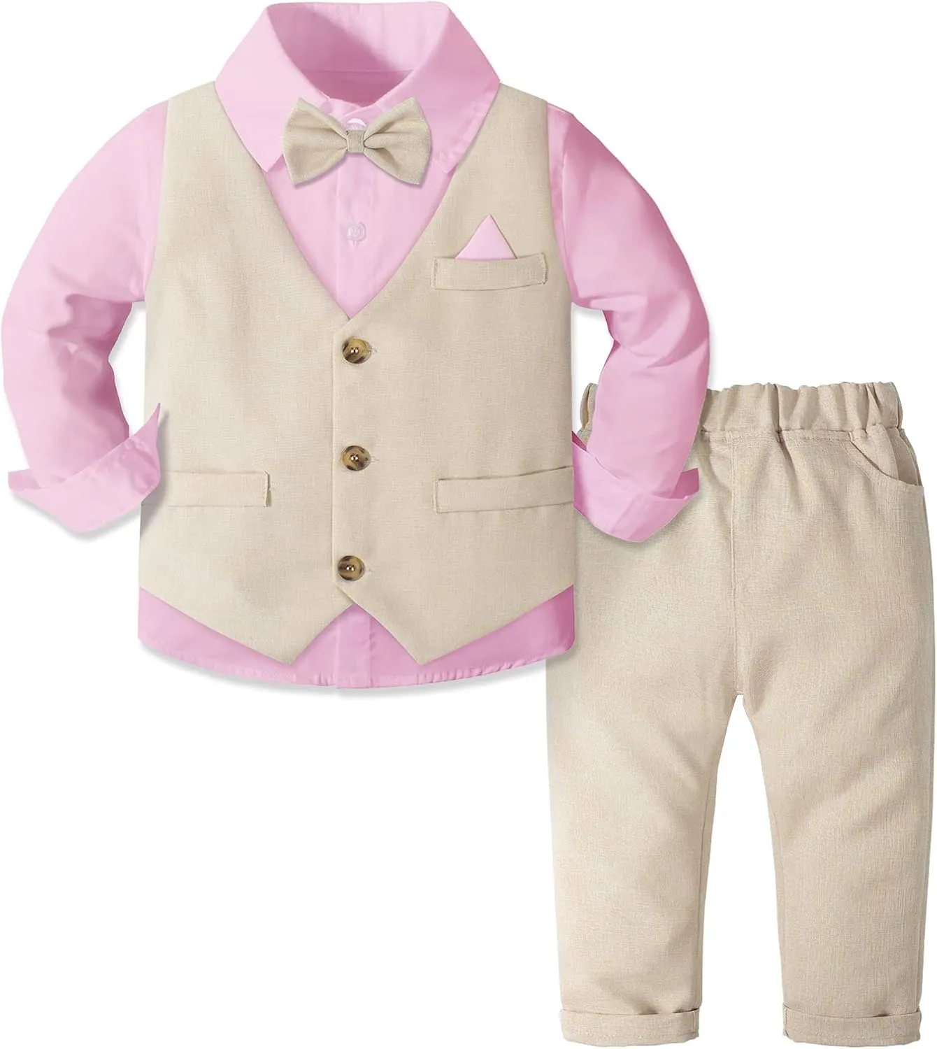 Dinysuos Boys Suit Formal Dress Kids Tuxedo Outfit Dress Shirt with Bow Tie  Slim Vest Pants 4Pcs 3-7 Years