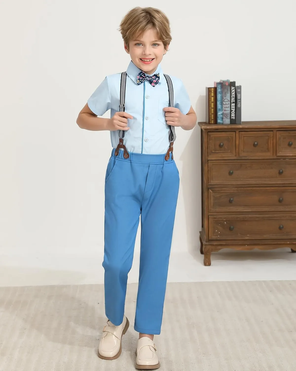 DISAUR Boys Suits 3 Pieces Formal Dress Shirt with Bowtie Suspender Pants Boy Gentleman Outfits Set 4-8 Years