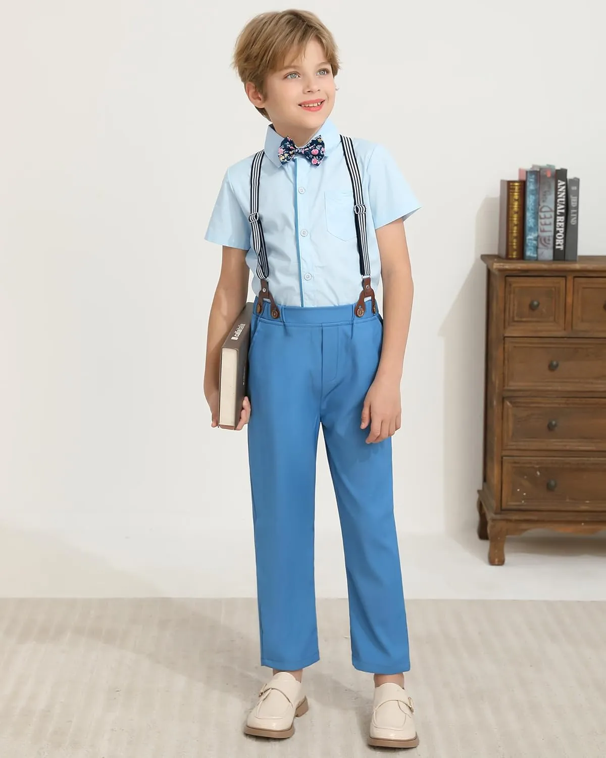 DISAUR Boys Suits 3 Pieces Formal Dress Shirt with Bowtie Suspender Pants Boy Gentleman Outfits Set 4-8 Years