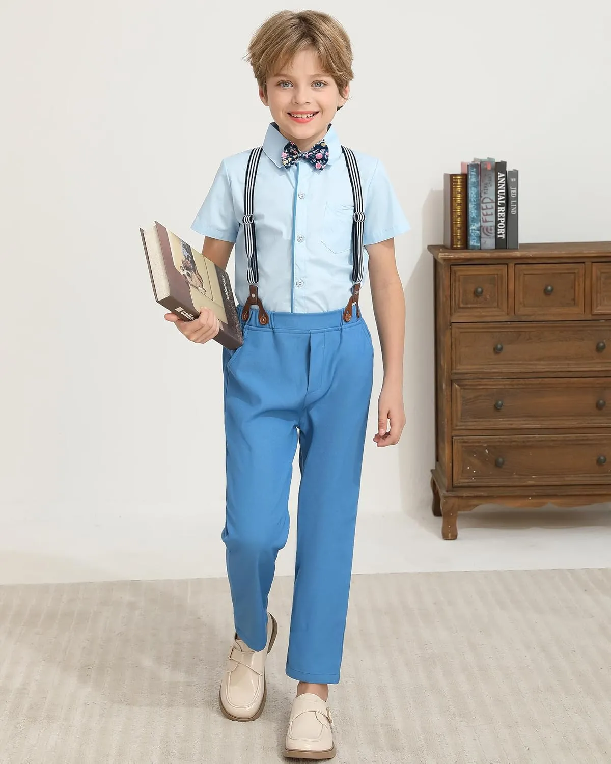 DISAUR Boys Suits 3 Pieces Formal Dress Shirt with Bowtie Suspender Pants Boy Gentleman Outfits Set 4-8 Years