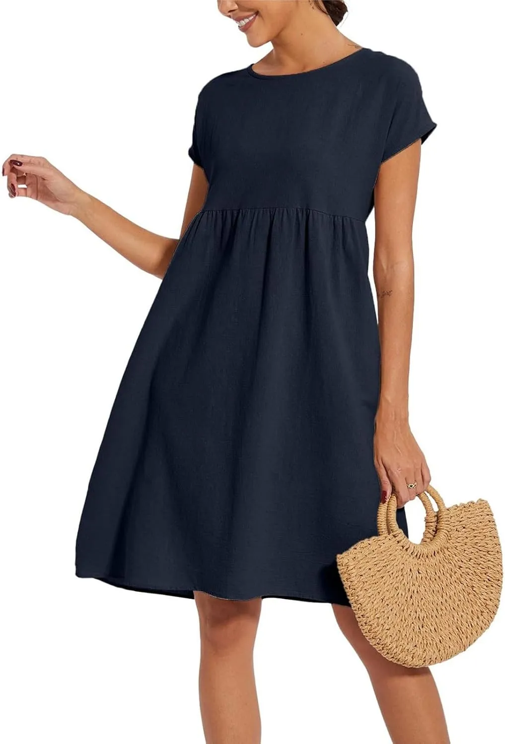 Dresses for Women 2024 Summer Plus Size Short Sleeves Cotton Linen Midi Dress Trendy Casual Loose Beach Sundress