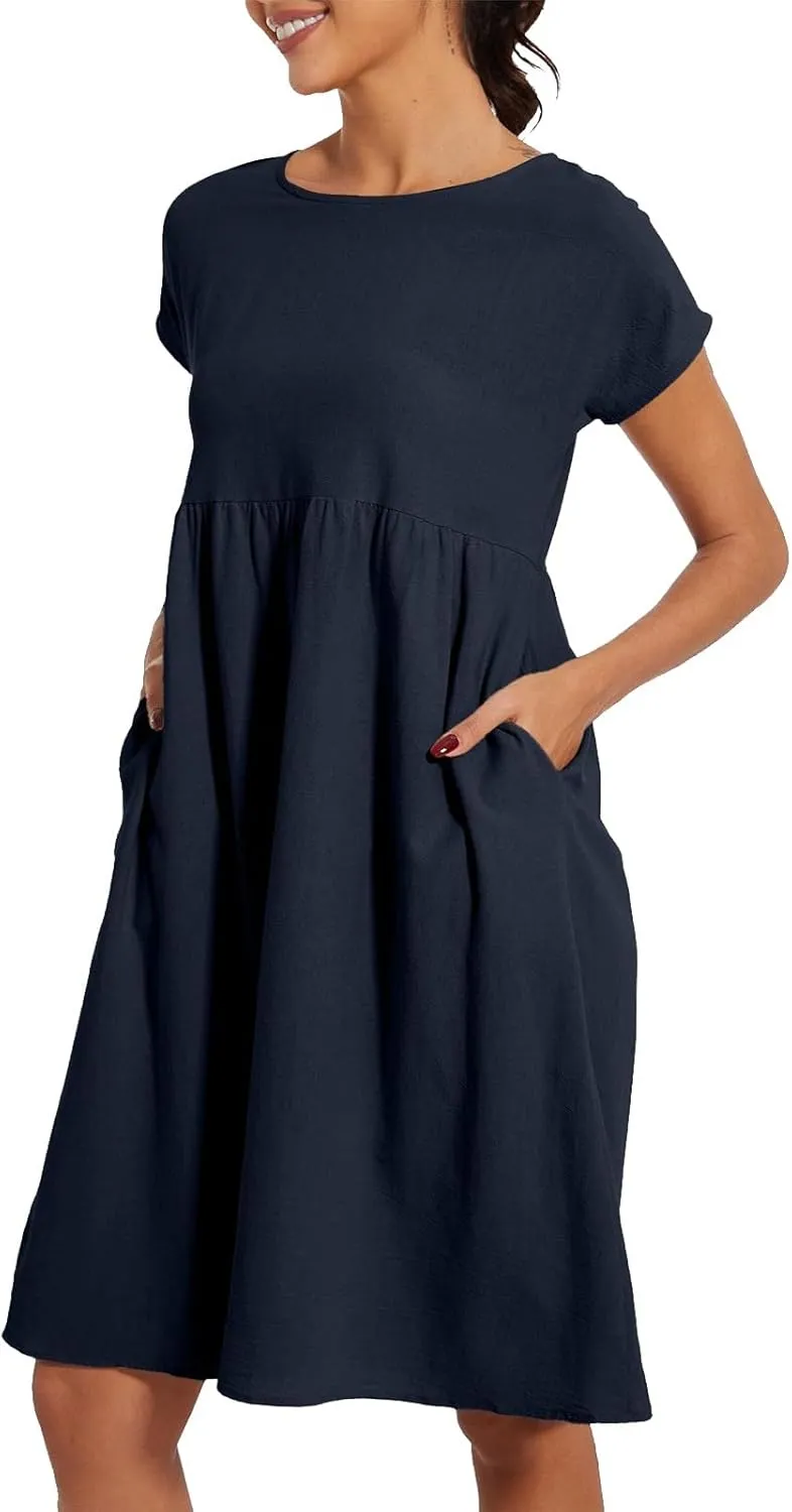 Dresses for Women 2024 Summer Plus Size Short Sleeves Cotton Linen Midi Dress Trendy Casual Loose Beach Sundress