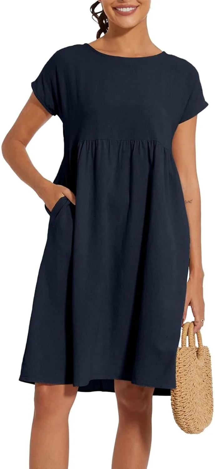 Dresses for Women 2024 Summer Plus Size Short Sleeves Cotton Linen Midi Dress Trendy Casual Loose Beach Sundress