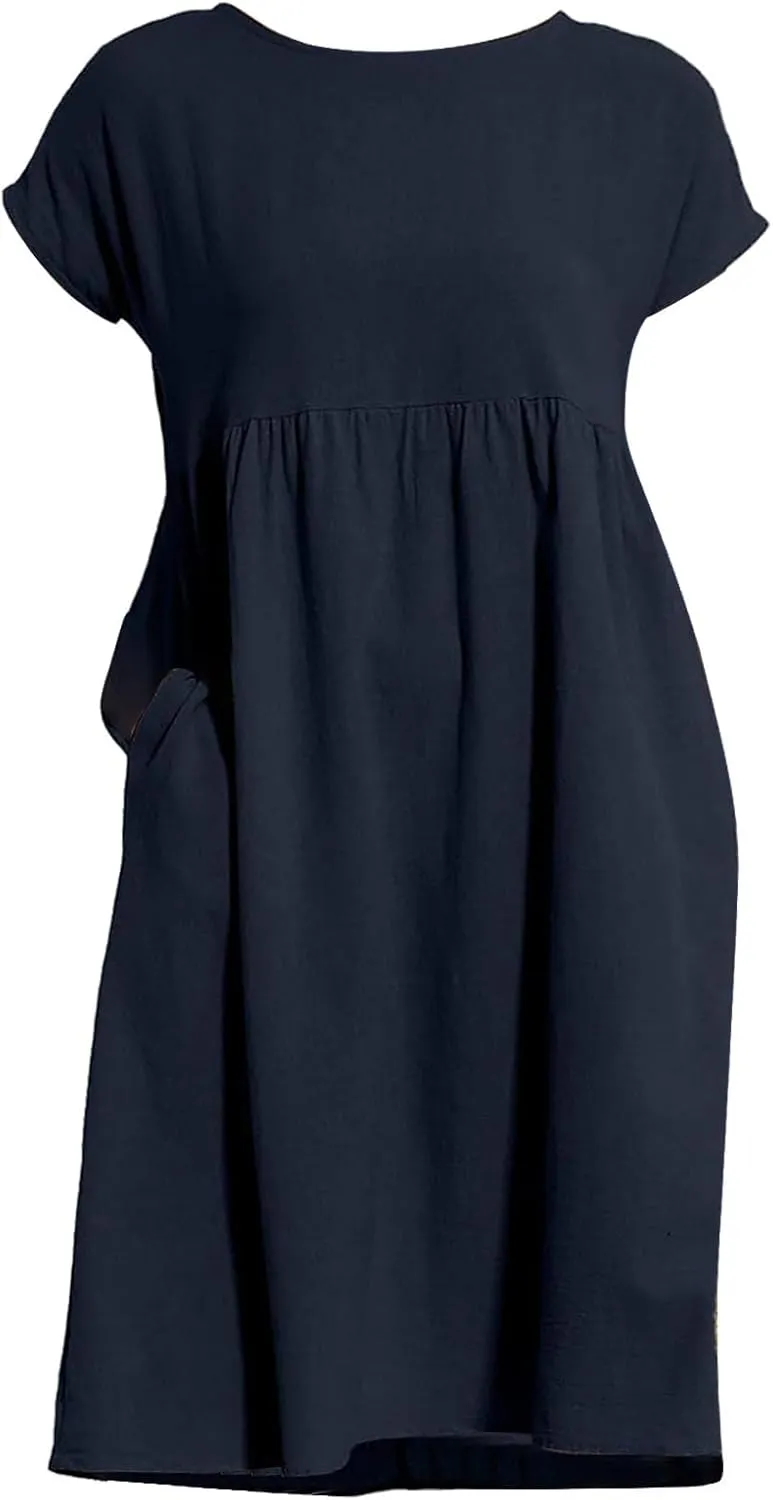 Dresses for Women 2024 Summer Plus Size Short Sleeves Cotton Linen Midi Dress Trendy Casual Loose Beach Sundress
