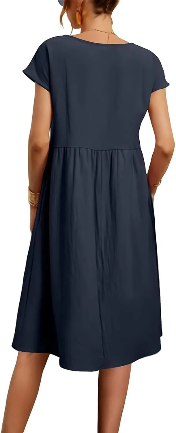 Dresses for Women 2024 Summer Plus Size Short Sleeves Cotton Linen Midi Dress Trendy Casual Loose Beach Sundress
