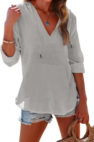 Ebifin Women's Beach Cover Up hoodies sweatshirt Long Sleeve V Neck Pocketed Hooded Shirt Top