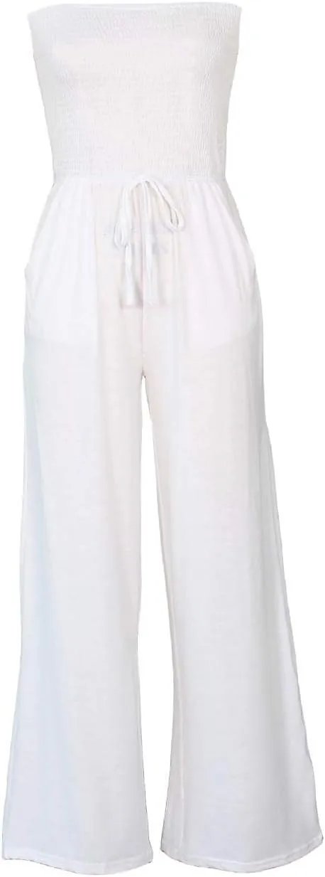 ECDAHICC Women's Strapless Tube Top Rompers Casual Off Shoulder Solid Color Belted Wide Leg Jumpsuit with Pockets